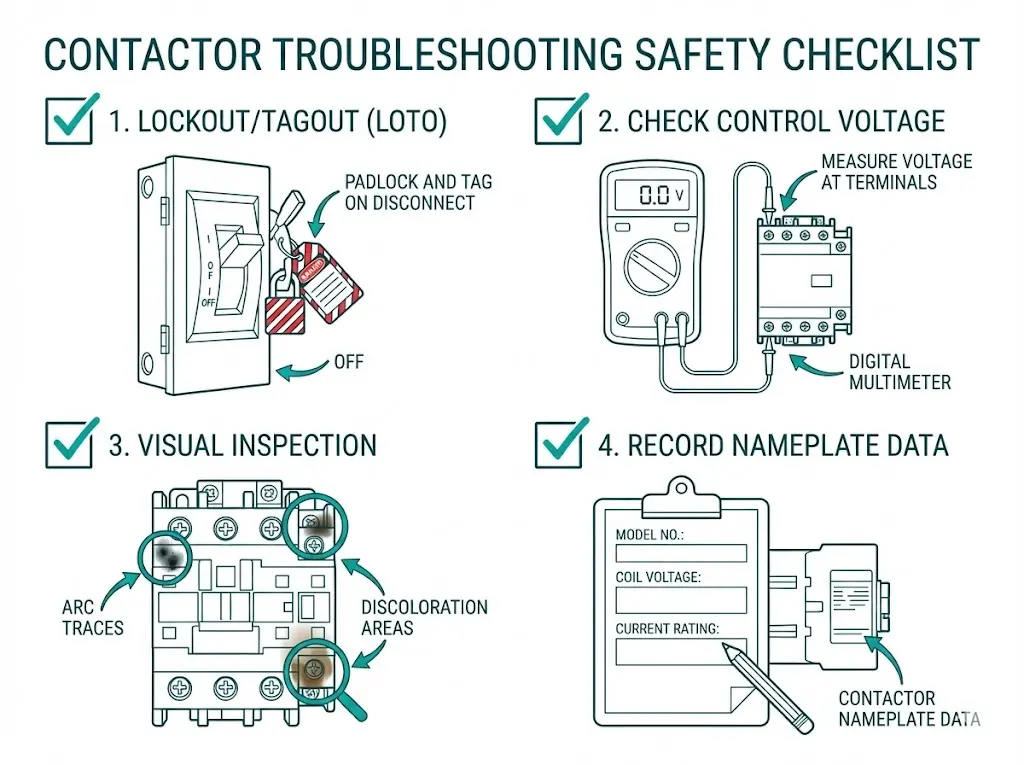 Contactor pre-troubleshooting safety checklist showing lockout verification, voltage measurement, and visual inspection points