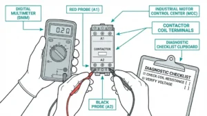 Technician testing contactor coil terminals with multimeter in motor control center for troubleshooting diagnosis