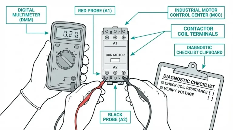 Technician testing contactor coil terminals with multimeter in motor control center for troubleshooting diagnosis