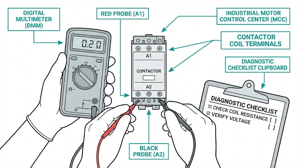 Technician testing contactor coil terminals with multimeter in motor control center for troubleshooting diagnosis