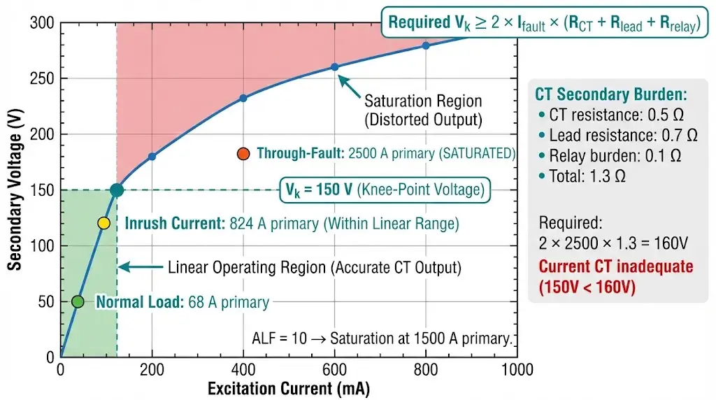 Current transformer excitation curve showing knee-point voltage, linear region, and saturation zone with operating points marked