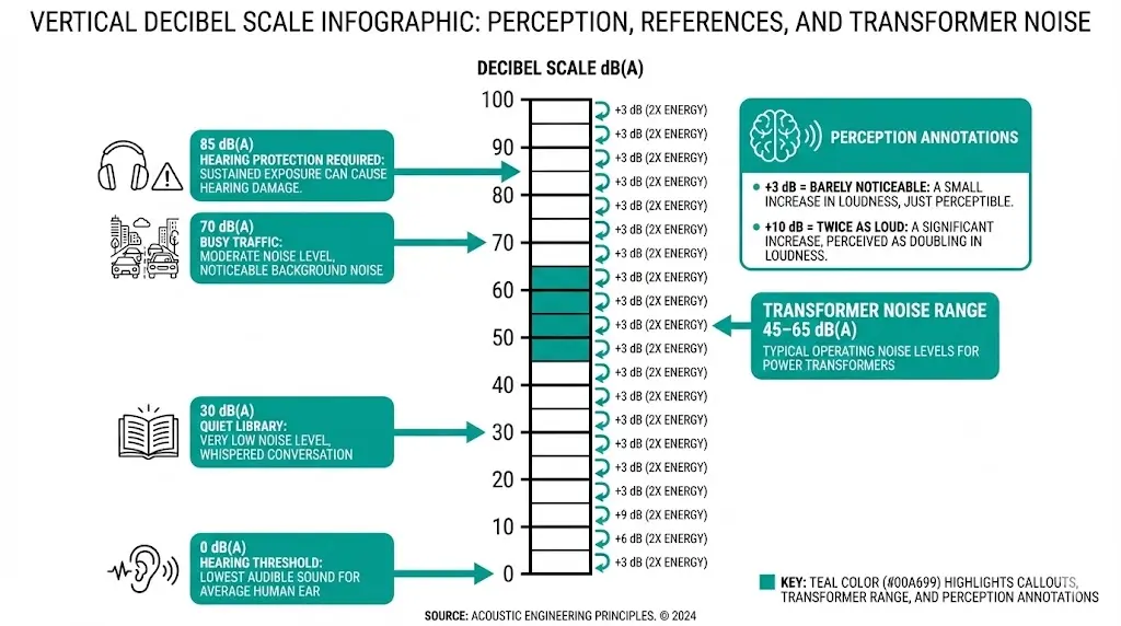 Escala logarítmica de decibelios que muestra el rango de ruido del transformador 45-65 dB con umbrales de percepción humana y sonidos de referencia