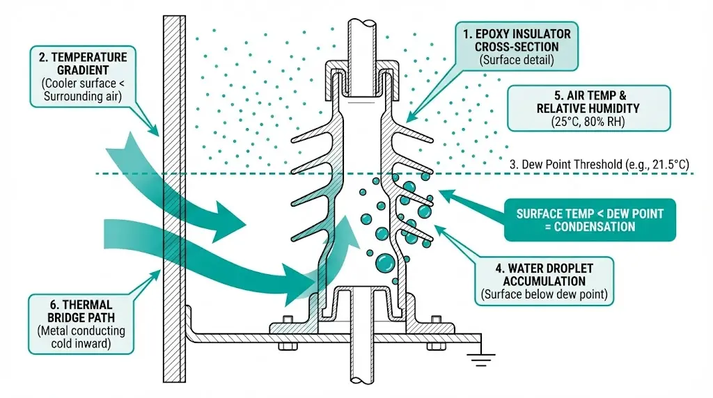 Dew point condensation mechanism on medium-voltage switchgear insulator showing temperature gradient and moisture droplet formation