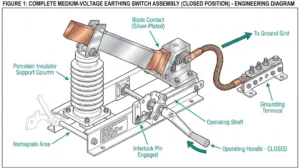 Medium-voltage earthing switch assembly in closed position showing blade contact, grounding terminal, interlock pin, and operating mechanism