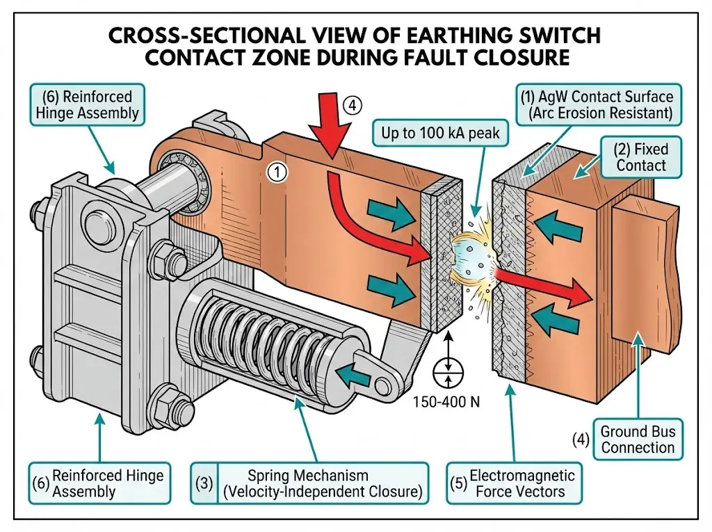 Earthing switch contact mechanism cross-section showing silver-tungsten surfaces, spring closure system, and fault current flow path