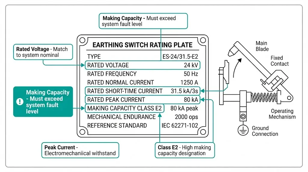 Earthing switch rating plate diagram showing key specification parameters including voltage, making capacity, and IEC classification