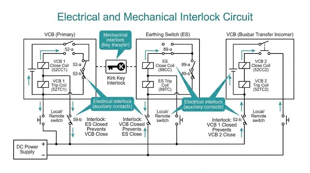 மின்சார உதவிக் காண்டாக்டுகள் மற்றும் இயந்திர சாவி இன்டர்லாக் ஆகிய இரண்டையும் கொண்ட VCB, மண்ணுடன் இணைக்கும் சுவிட்ச் மற்றும் பஸ்பார் பரிமாற்றத் திட்டத்தைக் காட்டும் இன்டர்லாக் சுற்று வரைபடம்.