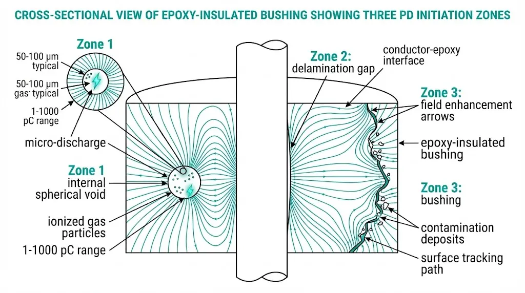Epoxy bushing cross-section showing three partial discharge initiation zones including internal void and interface delamination