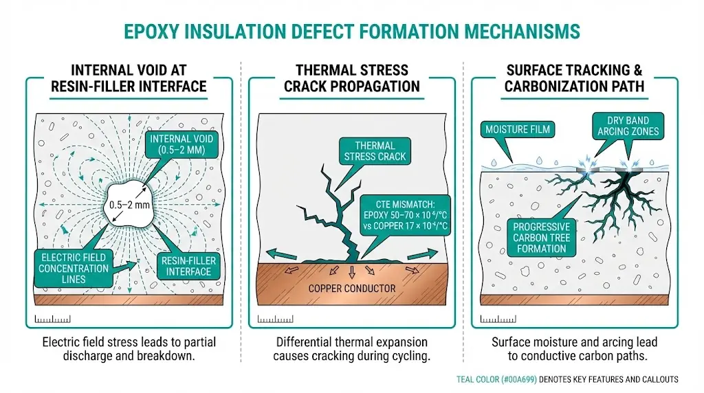 Cross-section diagram showing void, crack, and tracking defect formation mechanisms in cast epoxy insulation systems