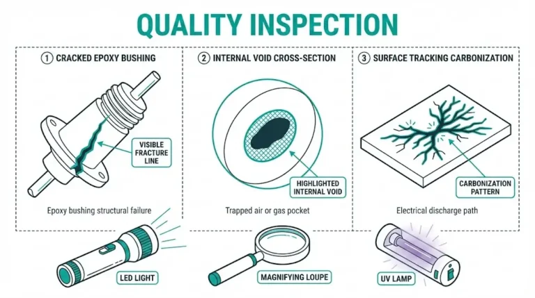 Epoxy part quality inspection showing crack, void, and tracking defect types with inspection tools for MV switchgear