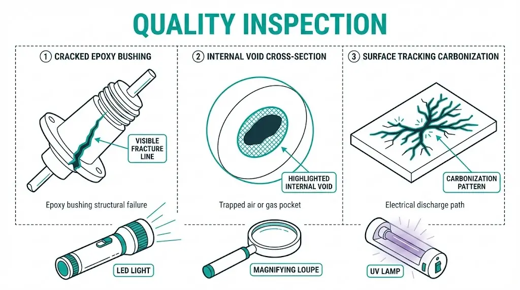 Epoxy part quality inspection showing crack, void, and tracking defect types with inspection tools for MV switchgear