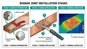 Installation d'un joint boulonné de barre omnibus montrant la préparation de la surface, l'application de la clé dynamométrique en étoile et l'inspection par imagerie thermique.