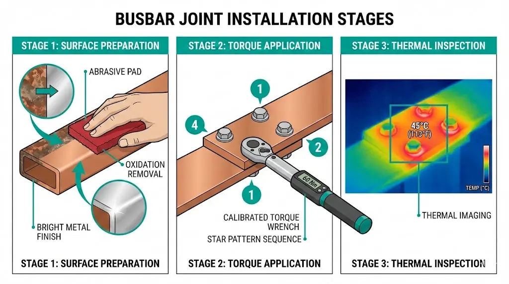 Монтаж болтового соединения сборных шин: подготовка поверхности, применение динамометрического ключа в виде звезды и тепловизионный контроль