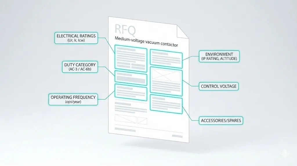 Шаблон RFQ для вакуумных контакторов с указанием критических полей спецификации, таких как категория работы, номиналы и окружающая среда
