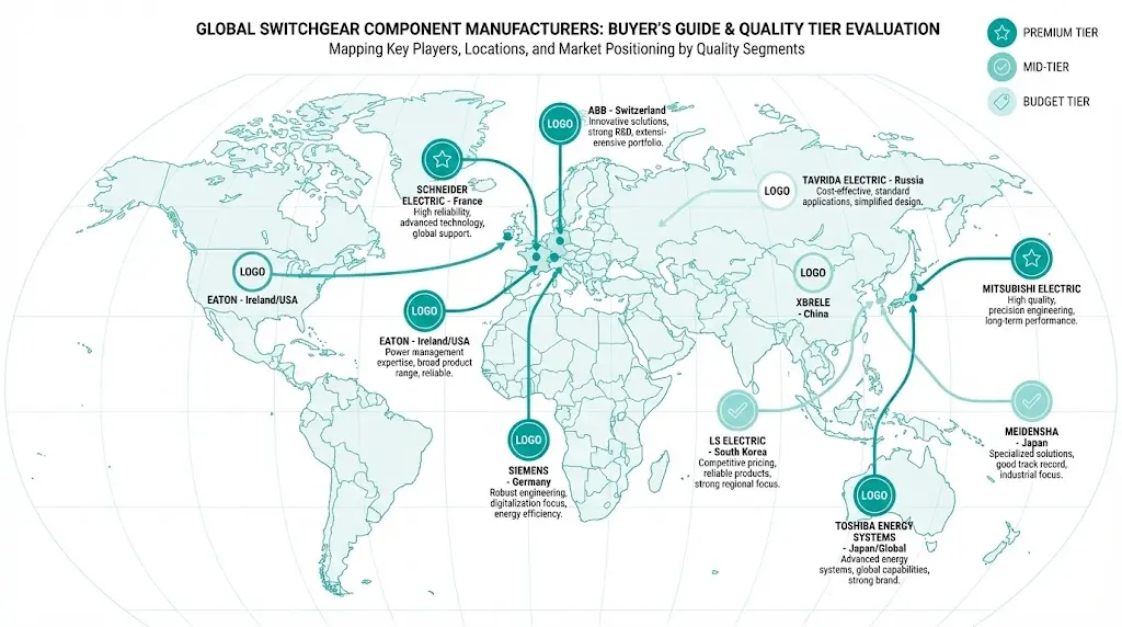Confronto tra i 10 principali produttori di componenti per quadri elettrici con marchi europei di alto livello, fornitori asiatici di medio livello e produttori economici con posizionamento qualità-prezzo