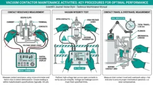 Vacuum contactor maintenance checklist showing contact resistance testing with micro-ohmmeter, vacuum integrity check, and mechanical inspection procedures