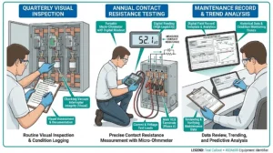 قائمة مراجعة صيانة VCB تبين الفحص ربع السنوي، والاختبار السنوي باستخدام مقياس الأومتر الدقيق ومحلل التوقيت، وتوثيق السجلات الميدانية