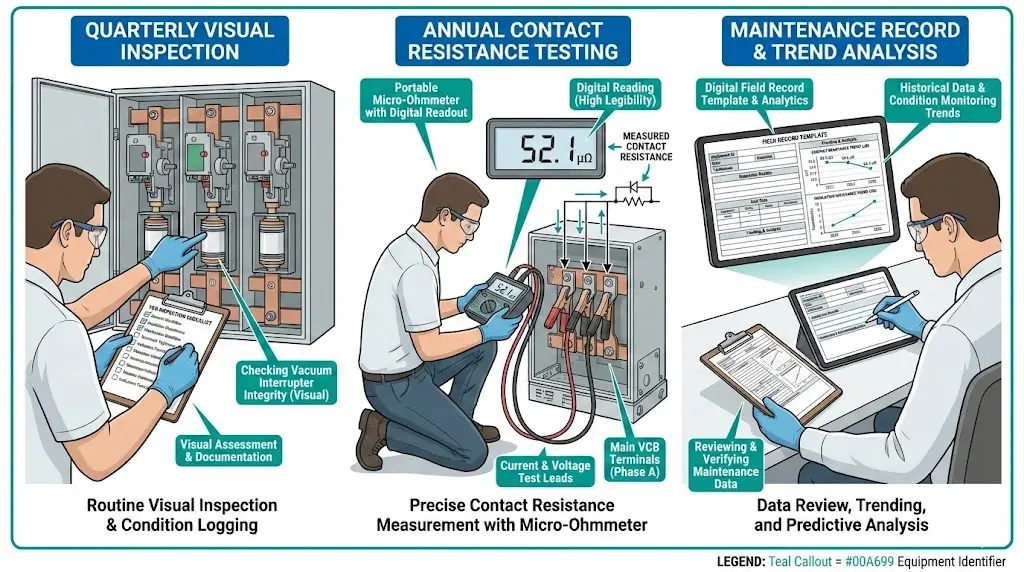 Lista de comprobación de mantenimiento del VCB que muestra la inspección trimestral, las pruebas anuales con microóhmetro y analizador de sincronización, y la documentación de los registros de campo.