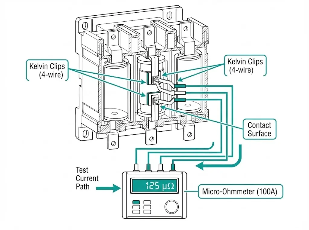 Micro-ohmmeter setup showing Kelvin clip placement on vacuum contactor contacts with 4-wire connection and resistance reading display