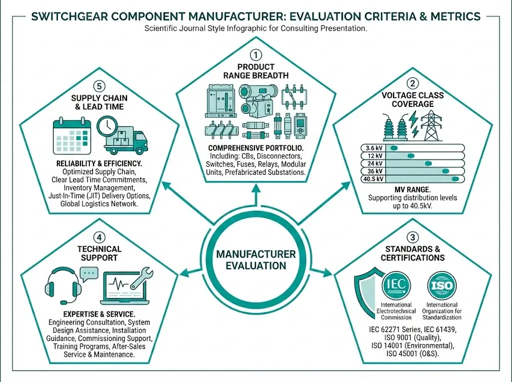 Five-point evaluation framework for assessing switchgear component manufacturers: product range, voltage coverage, certifications, technical support, and supply chain capabilities