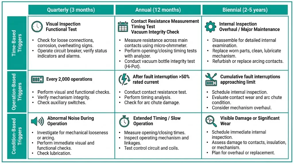 Maintenance interval decision matrix showing quarterly, annual, and biennial tasks mapped against time-based, operation-based, and condition-based triggers for VCB maintenance