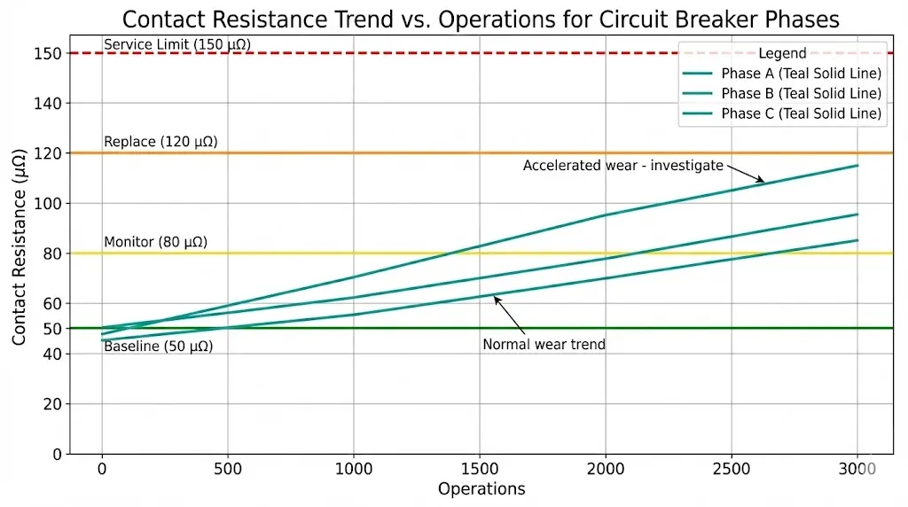 Contact resistance trending chart showing gradual increase over operations with baseline, monitor threshold, and replacement limit marked for predictive maintenance planning