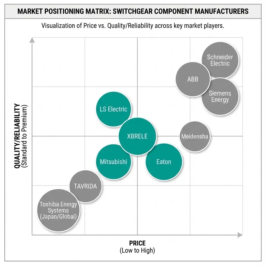 Manufacturer positioning matrix showing quality versus price for top switchgear component suppliers, from premium European brands to budget Asian manufacturers