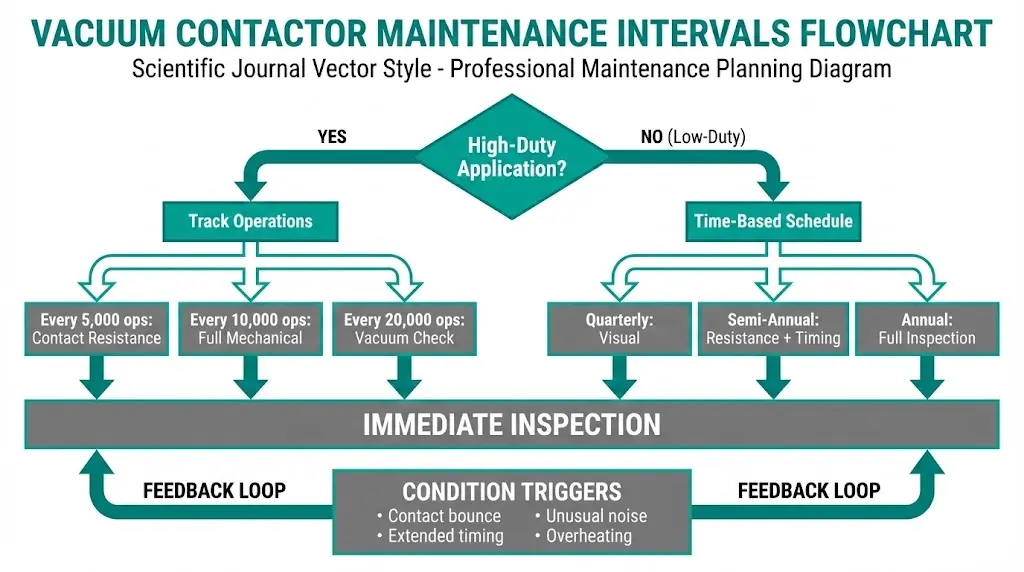 Maintenance interval decision flowchart showing operation-based schedule for high-duty contactors and time-based schedule for low-duty applications with condition triggers
