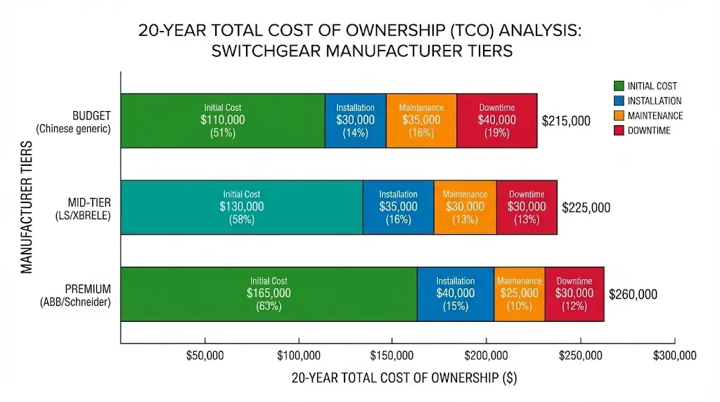 Total cost of ownership comparison for switchgear components showing budget, mid-tier, and premium manufacturers across initial cost, installation, maintenance, and downtime over 20-year lifecycle