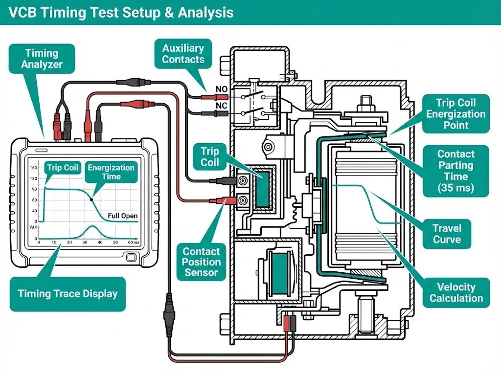 VCB timing test setup showing timing analyzer connected to breaker with opening time trace display and contact travel curve measurement