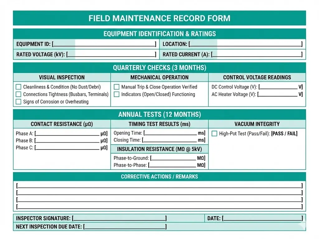 Field maintenance record template for VCB showing equipment header, quarterly checklist, annual test measurement fields, and documentation sections for systematic data collection