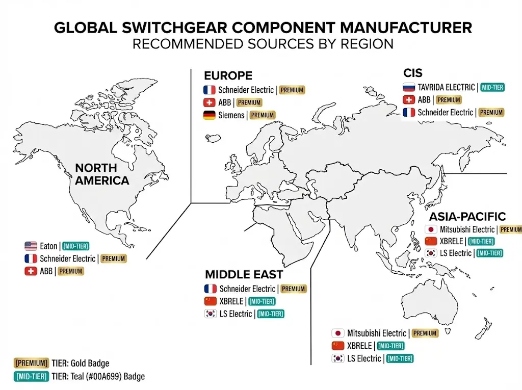Regional sourcing recommendations map showing top switchgear component manufacturers by geographic region with tier classifications for optimal supplier selection