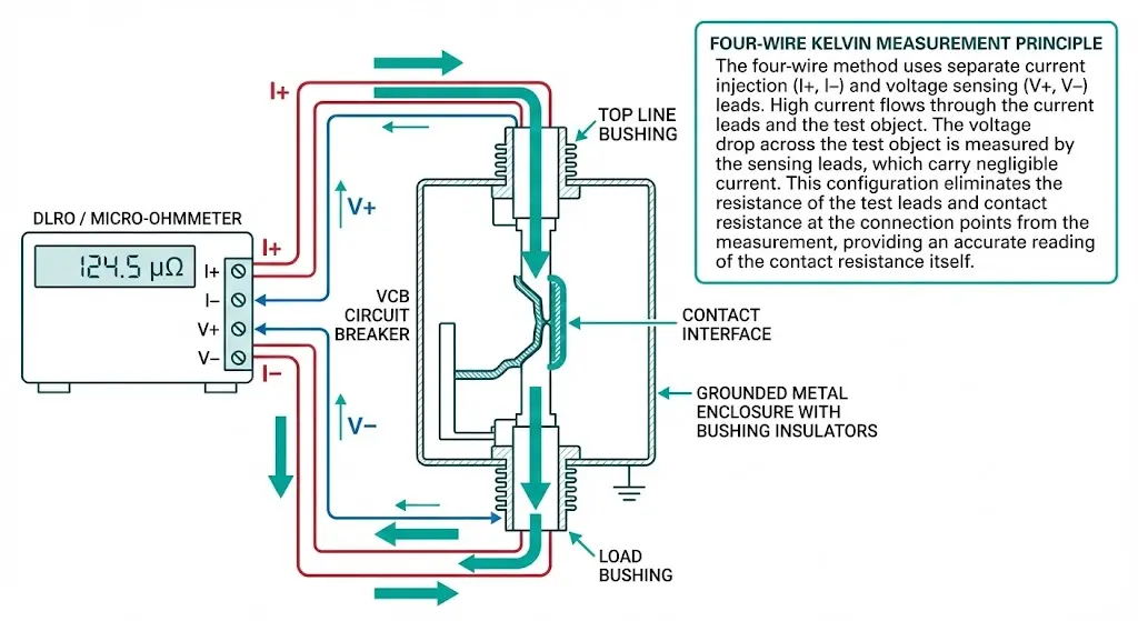 Four-wire Kelvin measurement schematic for contact resistance testing showing DLRO connection to vacuum circuit breaker terminals