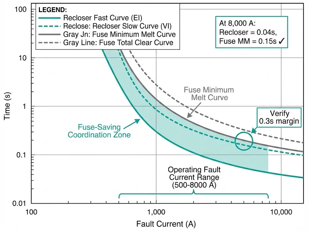 Time-current coordination plot showing recloser fast and slow curves with fuse minimum melt and total clear curves for fuse-saving coordination