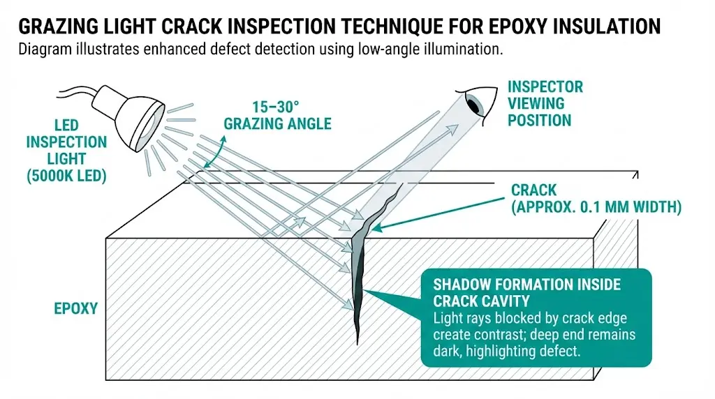 Grazing light inspection technique diagram showing LED positioning at 15–30° angle for epoxy crack detection