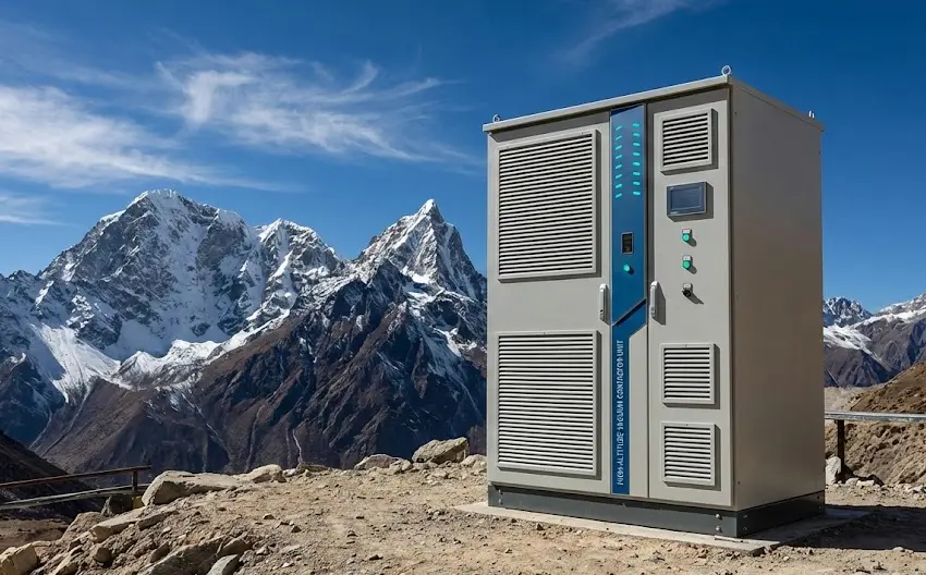 Installation d'un contacteur à vide en haute altitude sur un site minier de montagne montrant l'enceinte de l'équipement MV avec ventilation forcée