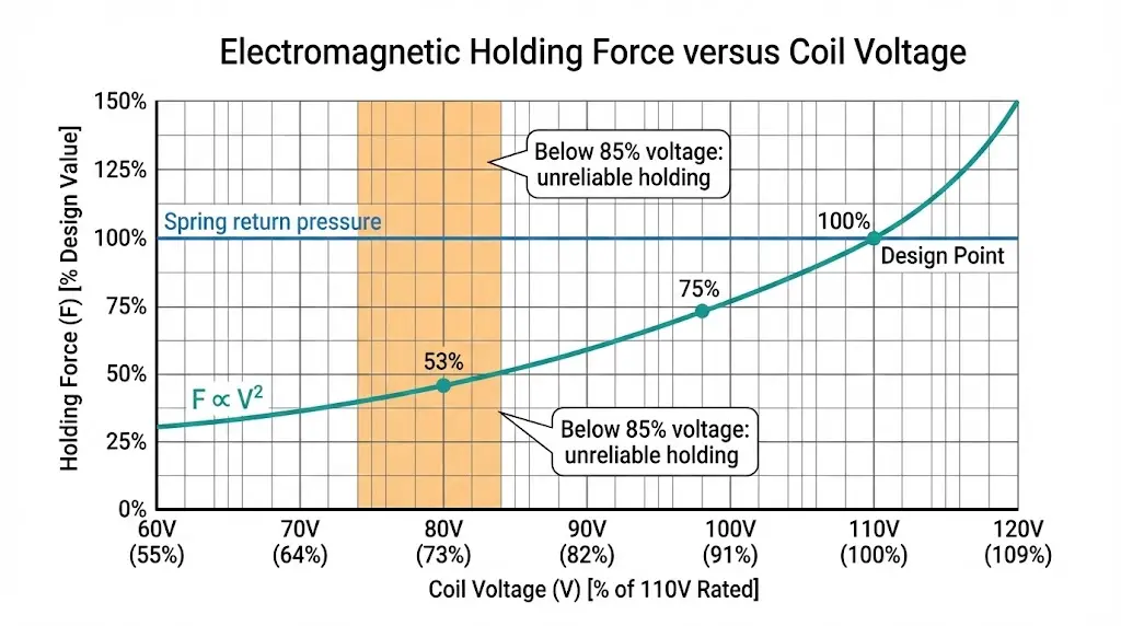 Graph showing quadratic relationship between electromagnetic holding force and coil voltage with minimum threshold at 85 percent rated