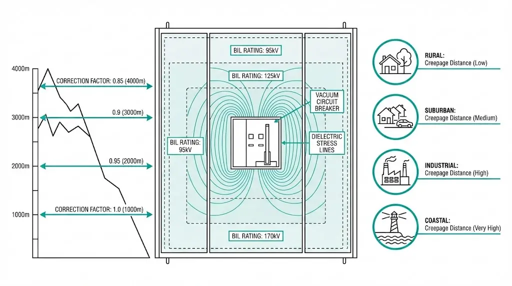 Insulation coordination BIL selection diagram showing altitude correction factors and pollution severity levels for medium voltage switchgear