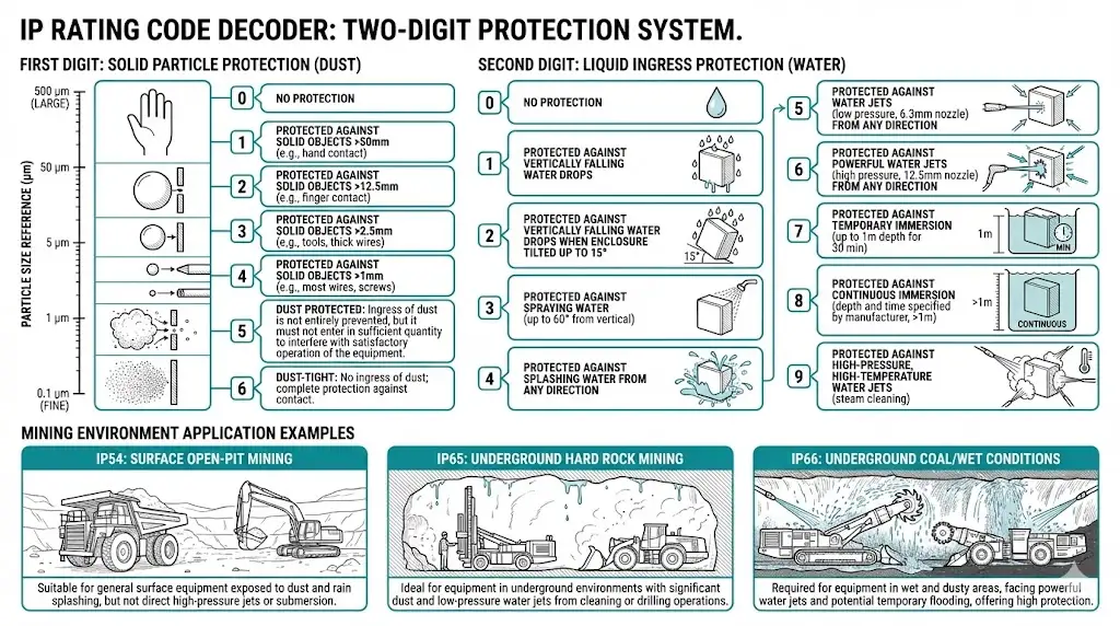 IP rating code decoder showing dust protection digits and water protection digits with mining application examples for IP54, IP65, and IP66 ratings