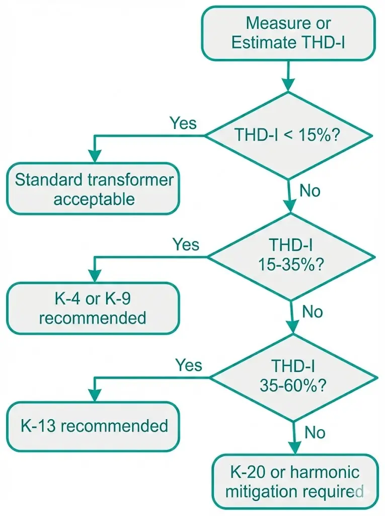 K-factor transformer selection decision flowchart showing THD-I measurement thresholds and corresponding K-4 K-9 K-13 K-20 recommendations