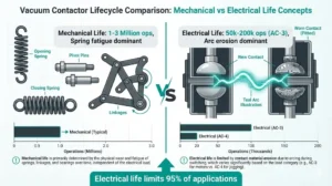 Mechanical life versus electrical life comparison showing vacuum contactor spring components 1 million operations versus contact erosion 100,000 operations AC-3 duty