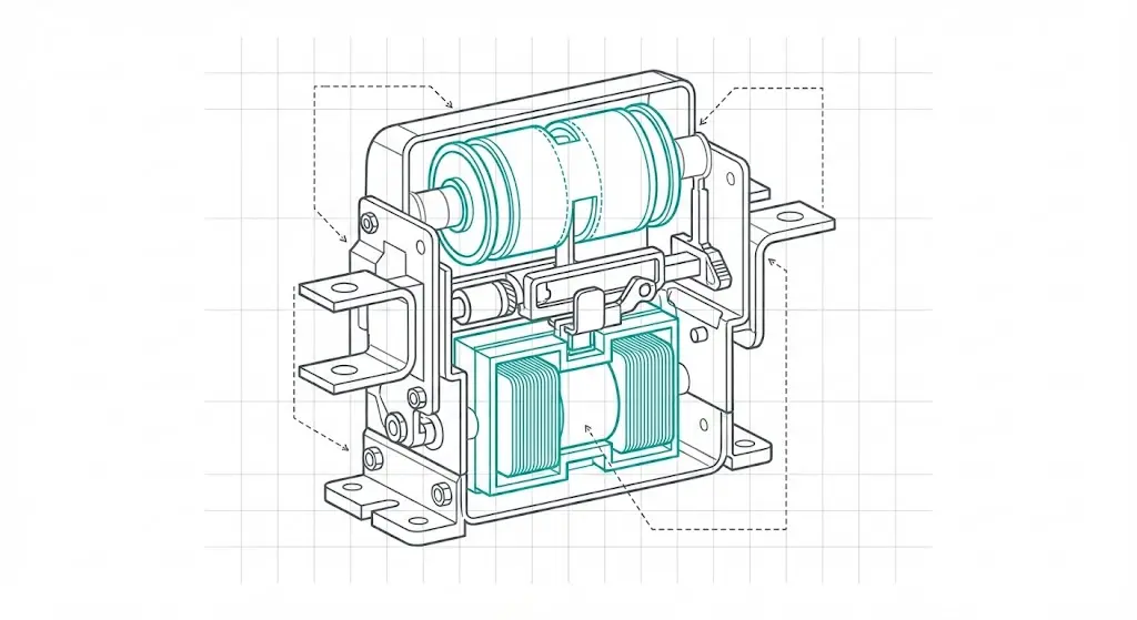 Medium-voltage vacuum contactor structure showing vacuum interrupter and electromagnetic drive.