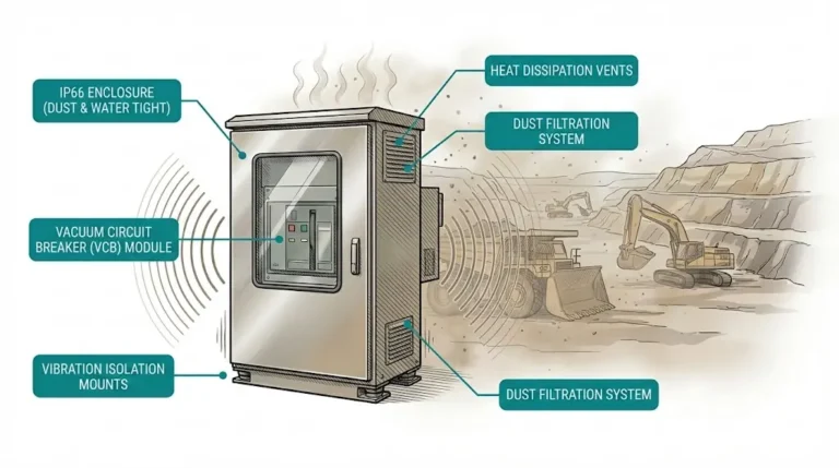 Mining vacuum circuit breaker specification showing IP66 enclosure protection against dust, vibration, and heat in underground mining substation