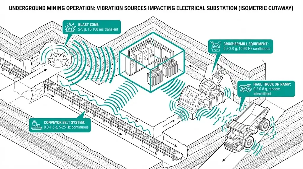 Mining operation vibration source diagram showing blasting, conveyors, crushers, and haul trucks with g-force acceleration values affecting switchgear