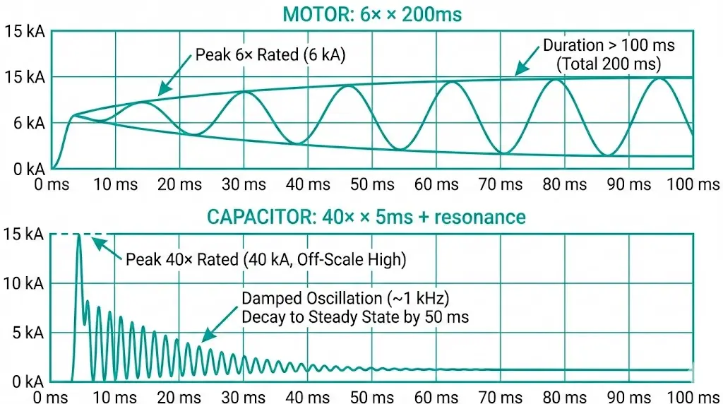 Oszilloskopkurven zum Vergleich des 6-fachen Anlaufstroms eines Motors mit dem 40-fachen Anlaufstrom einer Kondensatorbank bei hoher Frequenzoszillation
