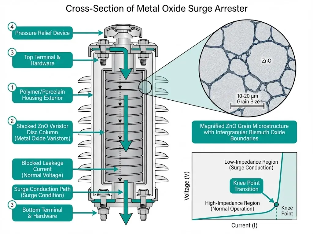 Metal oxide surge arrester cross-section showing ZnO varistor stack, grain boundary microstructure, and current flow paths