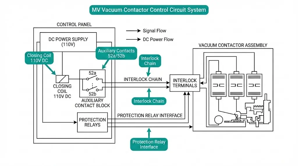 MV contactor control circuit system overview showing closing coil, auxiliary contacts, and interlock chain connections
