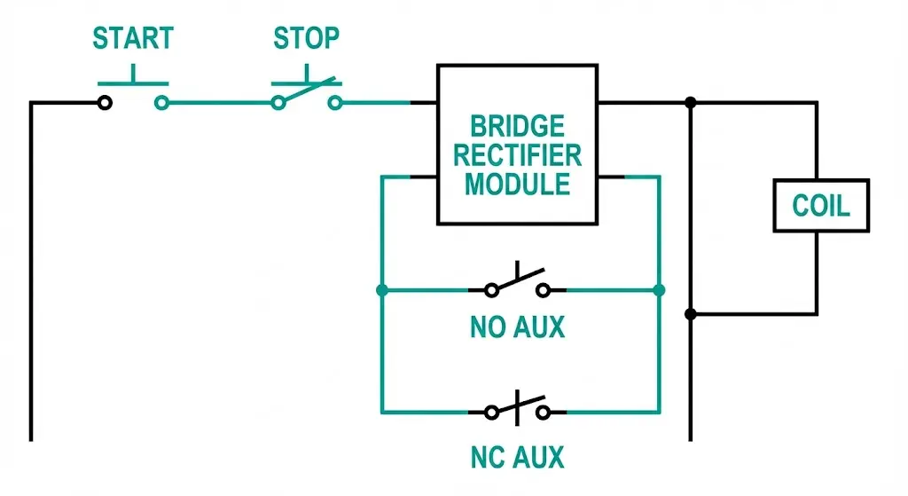 Medium-voltage vacuum contactor control circuit schematic with rectifier.
