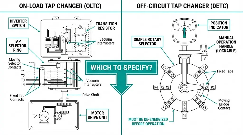 OLTC versus off-circuit DETC tap changer comparison diagram showing specification differences for transformer procurement decisions