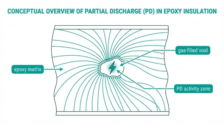 Partial discharge in epoxy insulation cross-section showing void defect with electric field concentration and PD activity